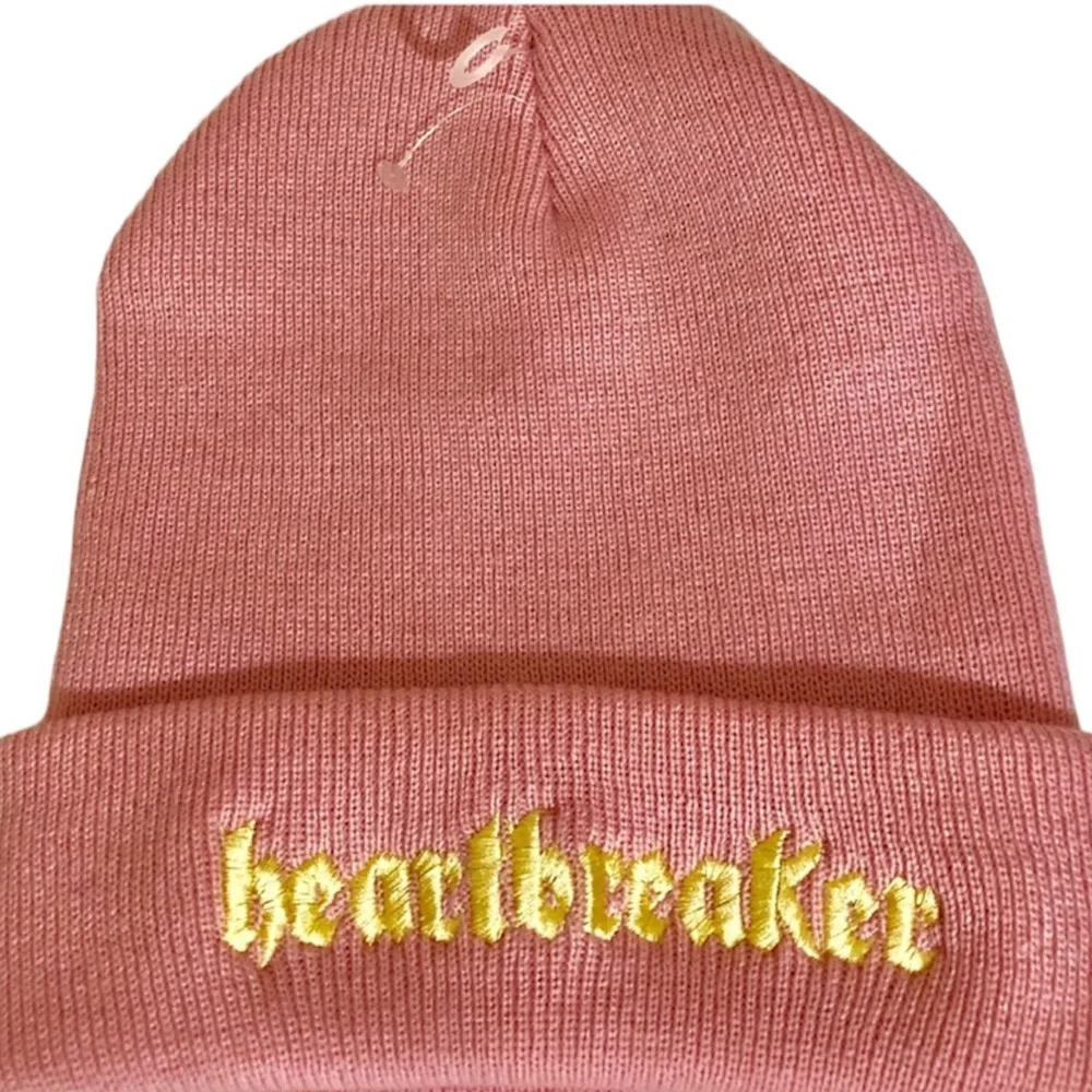 Nasaseasons Heartbreaker Embroidered Knit Beanie Pink Gold Fold Up Brim New!